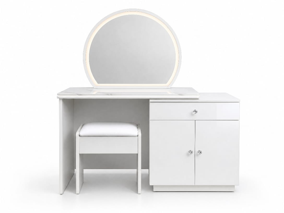 Coiffeuse blanche avec miroir LED, rangements et tabouret