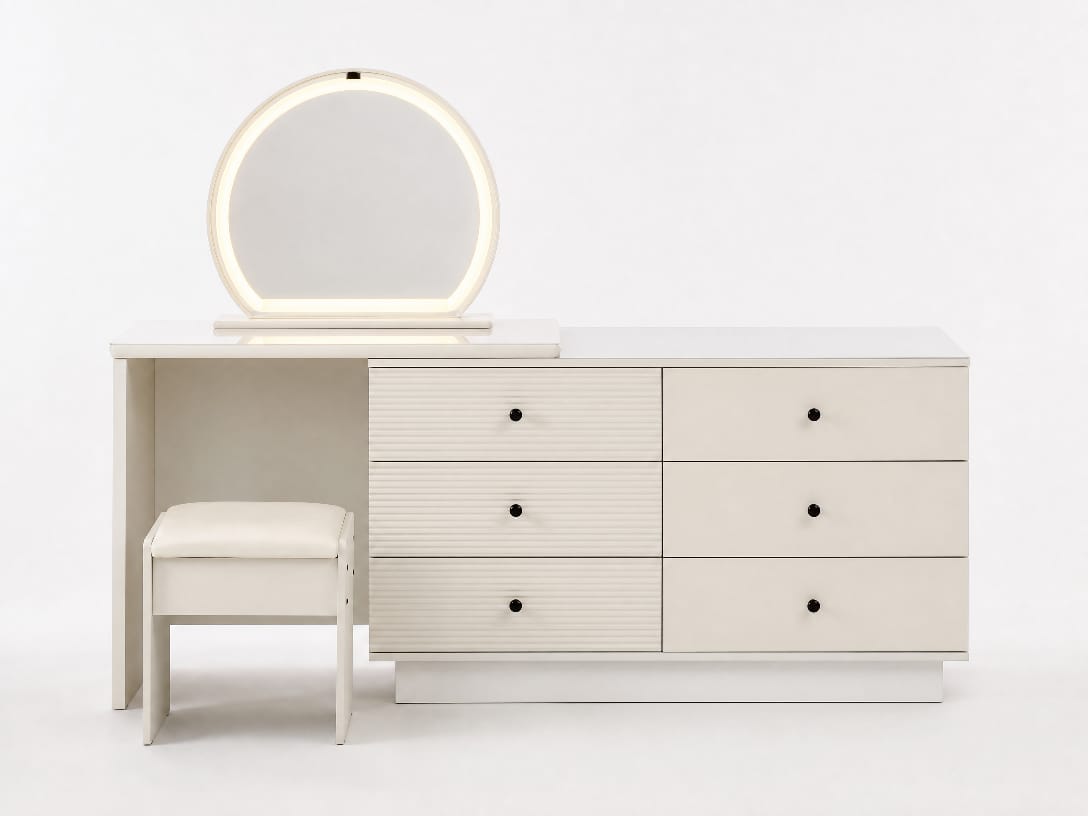 Coiffeuse Éclat Crème modèle 803 avec miroir LED et tabouret